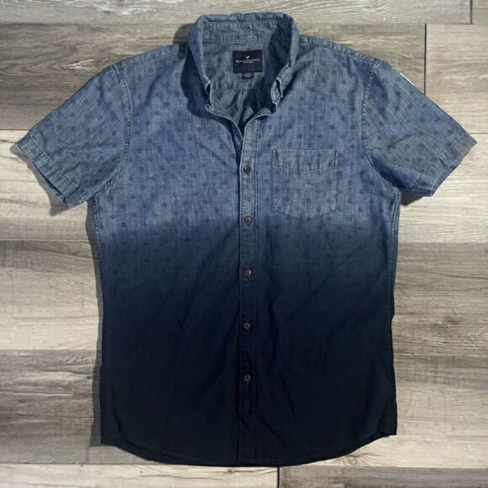 American Eagle Chambray Shirt Ombre Down Mens S Blue Short Sleeve AOP denim‎ Y2K